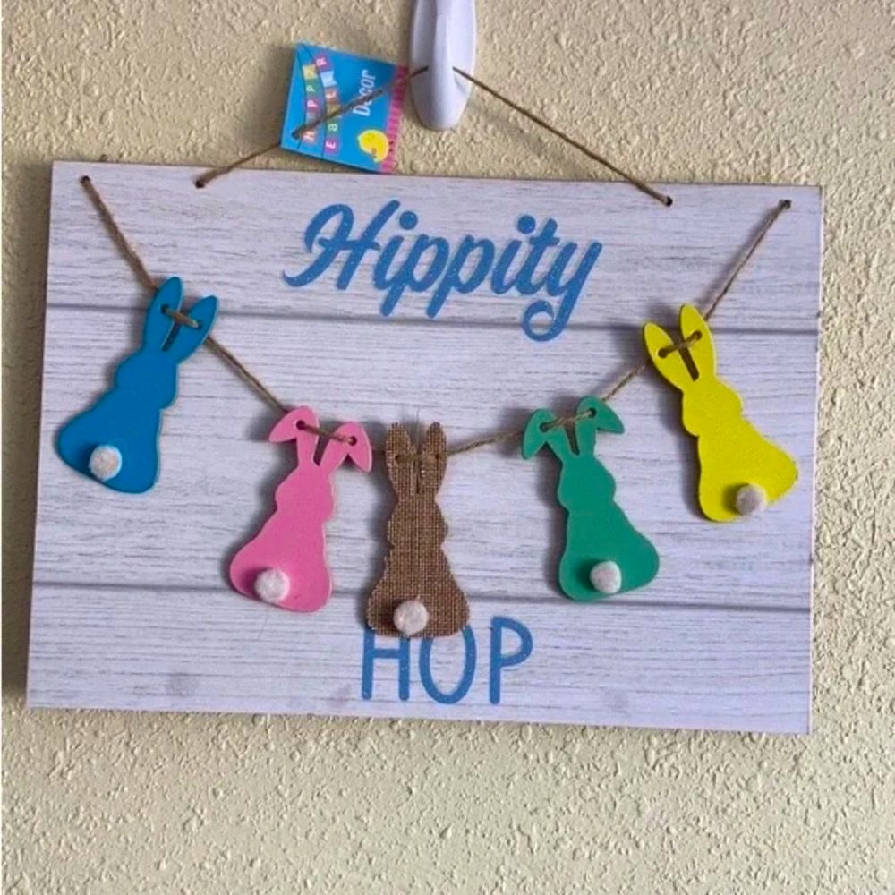 Hippity Hop Easter spring front door sign NEW art peep bunny rabbits colorful